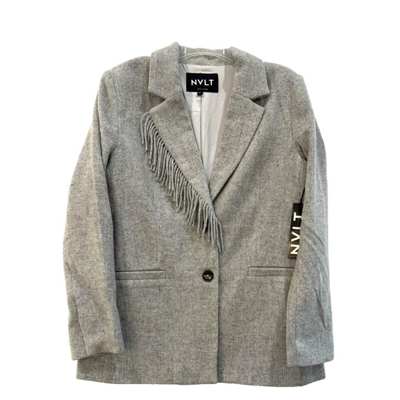 NVLT Light Grey Wool Blend Fringe Lapel Blazer Coat Women's Small New - Picture 2 of 8